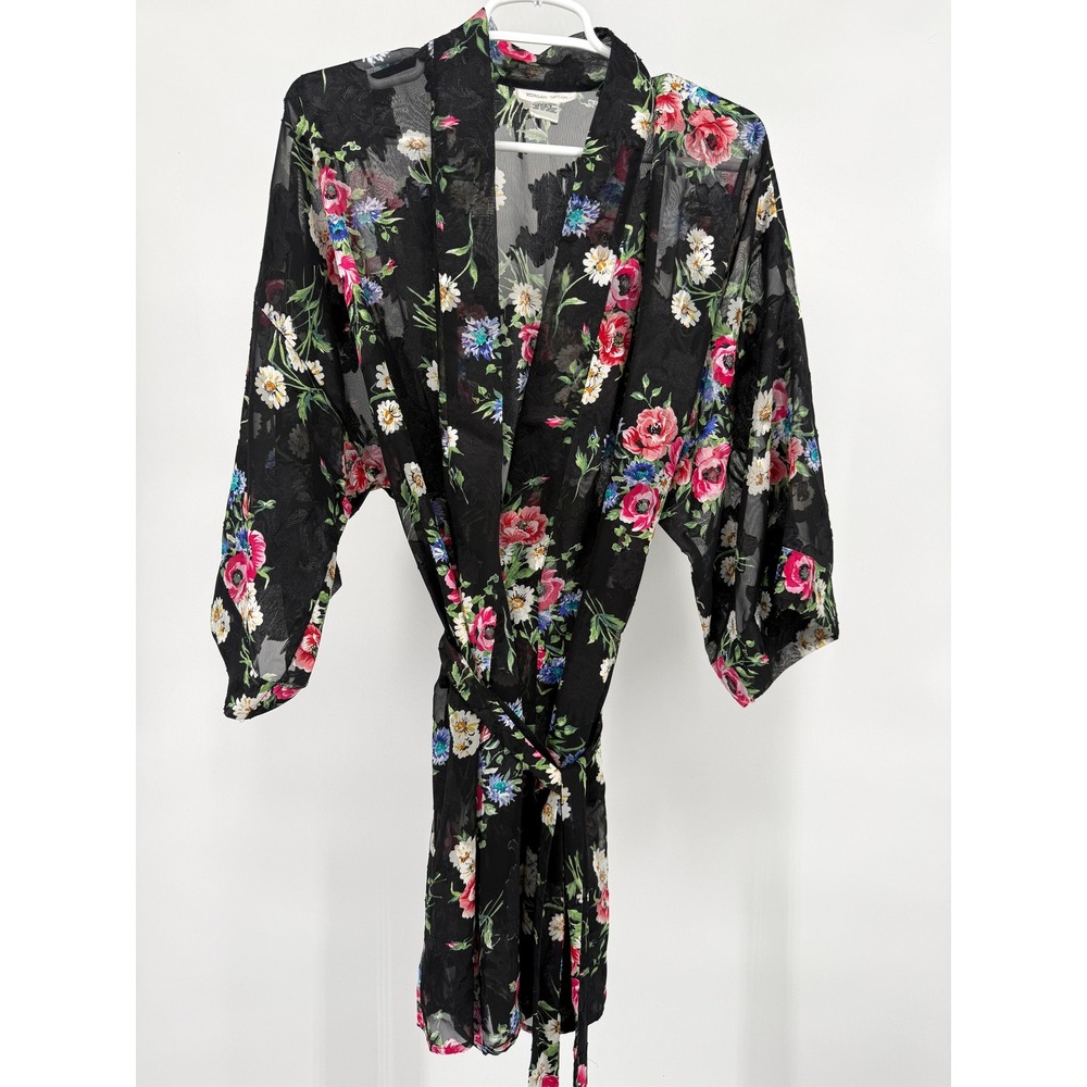 Morgan Taylor Womens Black Floral Sheer Kimono‎ Robe Belted Size P/S Romantic